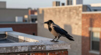A Crow Casually Removing Several Metal Anti-bird Spikes From A Building Ledge.