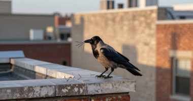 A Crow Casually Removing Several Metal Anti-bird Spikes From A Building Ledge.