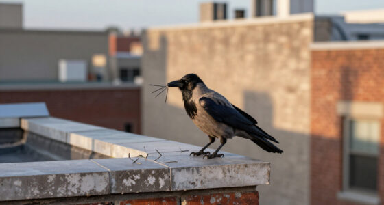 A Crow Casually Removing Several Metal Anti-bird Spikes From A Building Ledge.